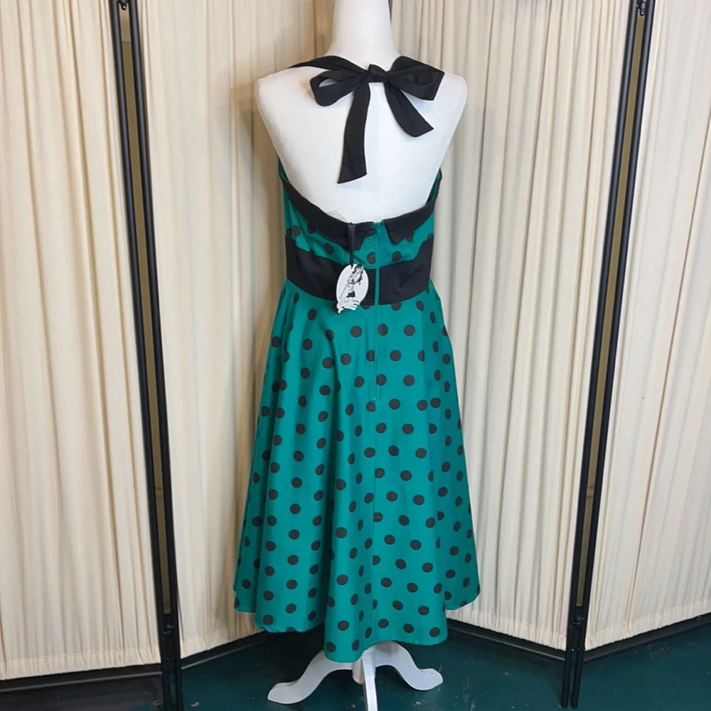 πHPπNWT- HELL BUNNY VIXEN GREEN & BLACK HALTER PINUP DRESS SIZE LARGE - Picture 4 of 15